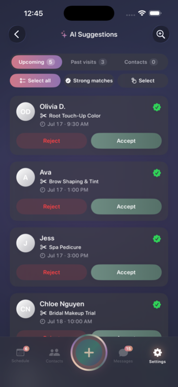 AI Suggestions screen turning imported calendar events into appointments with one tap