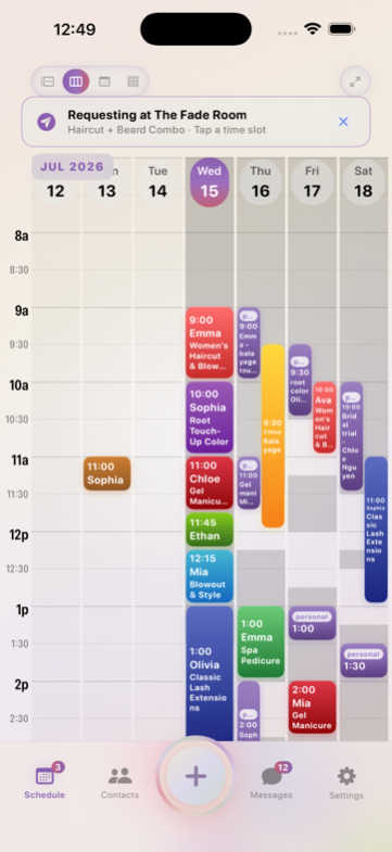 Booking a client by tapping a time directly on the weekly calendar
